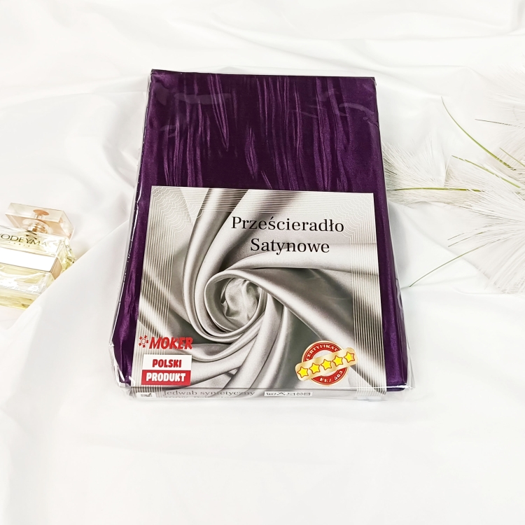 opakowanie Prześcieradło Satynowe 160 z gumką - ciemny fiolet, zdjęcie prześcieradła w opakowaniu